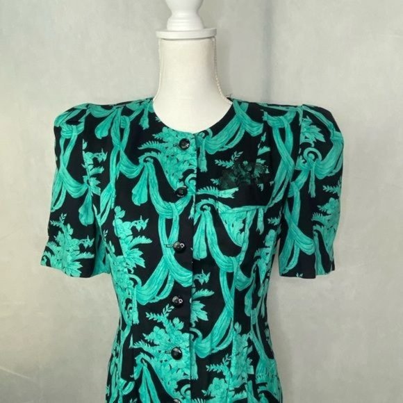Vintage 80’s petite jazz ladies dress midi button front puff sleeve size 8 USA - Picture 2 of 15